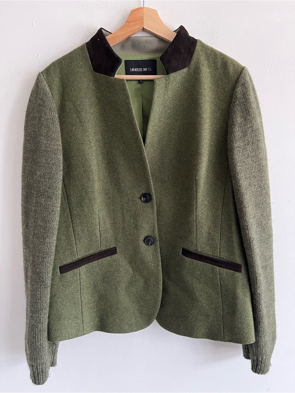 Lafayette 148 New York Olive Green Wool-Blend Jacket with Knit Sleeves